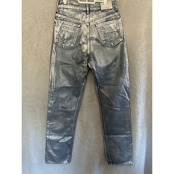 EB Denim Silver Coated Jeans Women 26 $320 MSRP Straight High Rise Festival Rave - Picture 3 of 16